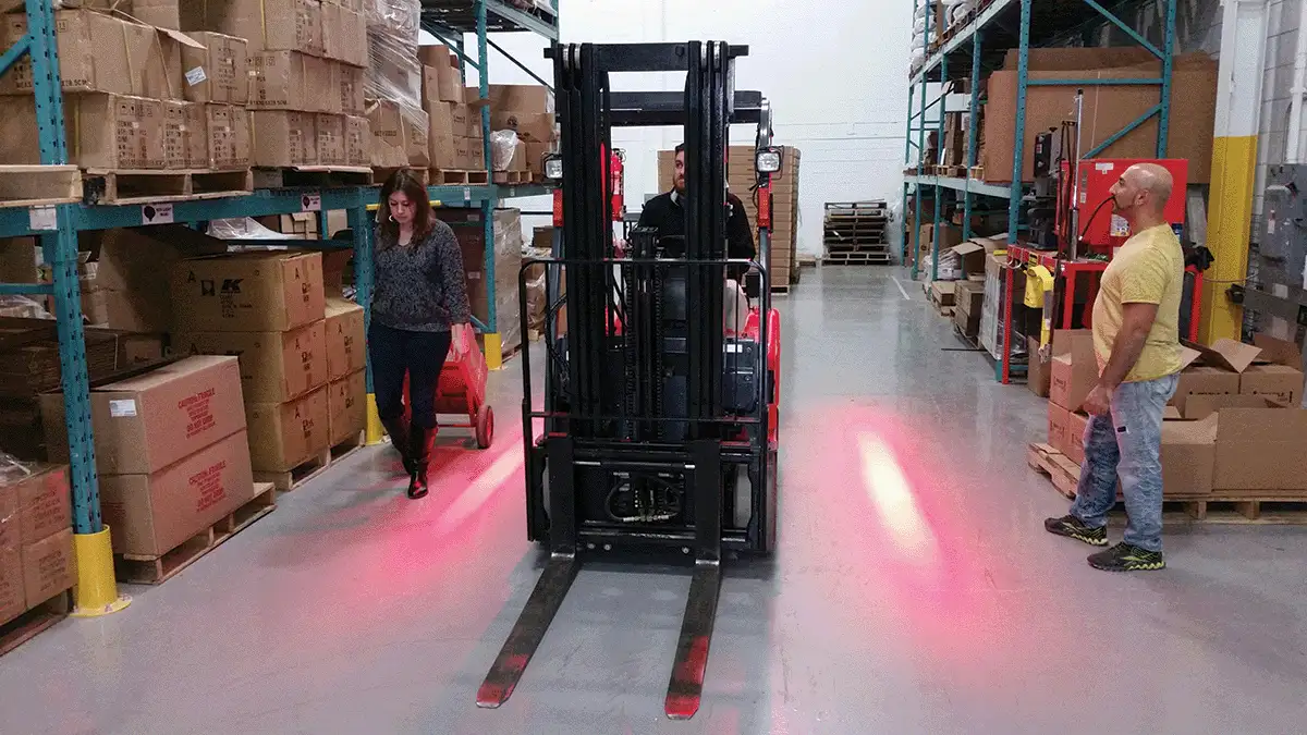 Forklift warehouse safety side lighting in a warehouse.