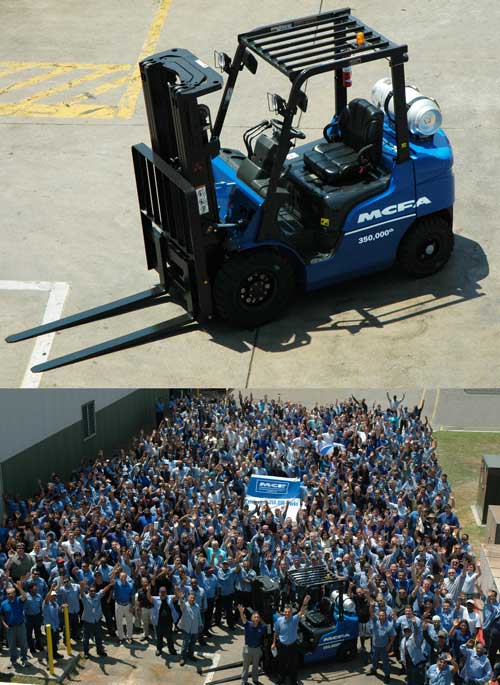 The MCFA forklift, number 350,000, will be used in fabrication and assembly tasks around MCFA facilities. The MCFA forklift, number 350,000, will be used in fabrication and assembly tasks around MCFA facilities.